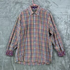Alan Flusser Mens Shirt XL Multicolor Plaid Flip Cuff Long Sleeve Button Up